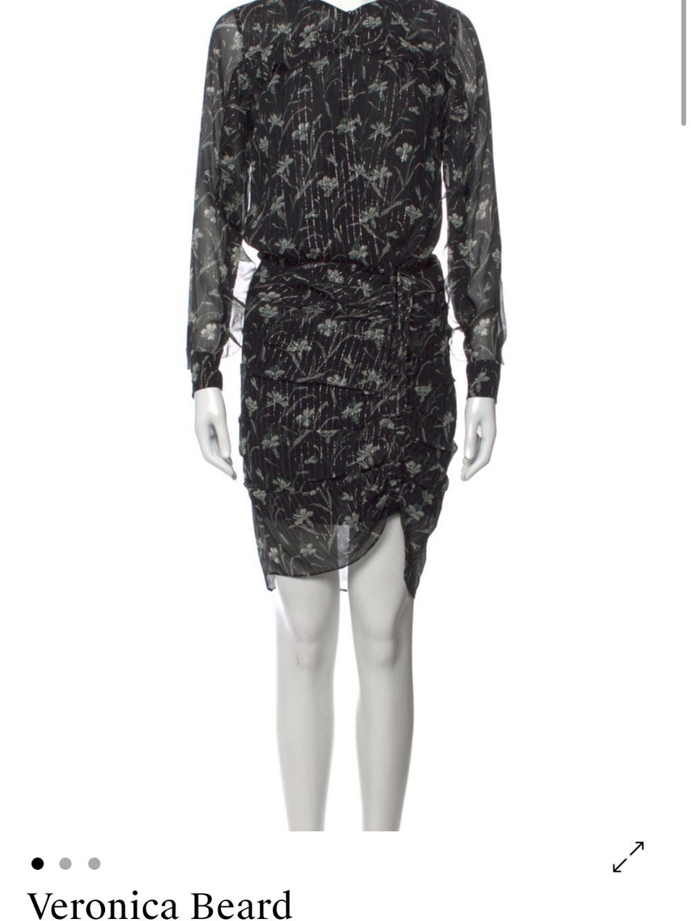 Veronica Beard Black Floral Long-Sleeve Ruched Sheer Dress